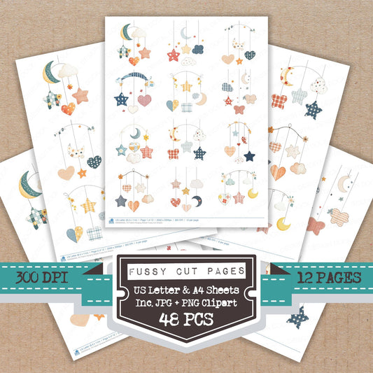 Fabric Hanging Mobile fussy cut printable sheets for junk journaling, scrapbooking, and paper craft projects