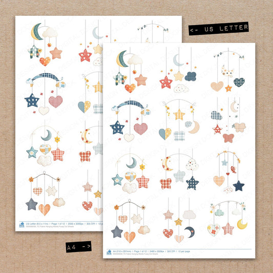 A4 and US Letter format comparison showing Fabric Hanging Mobile fussy cut pages for print and cut crafting