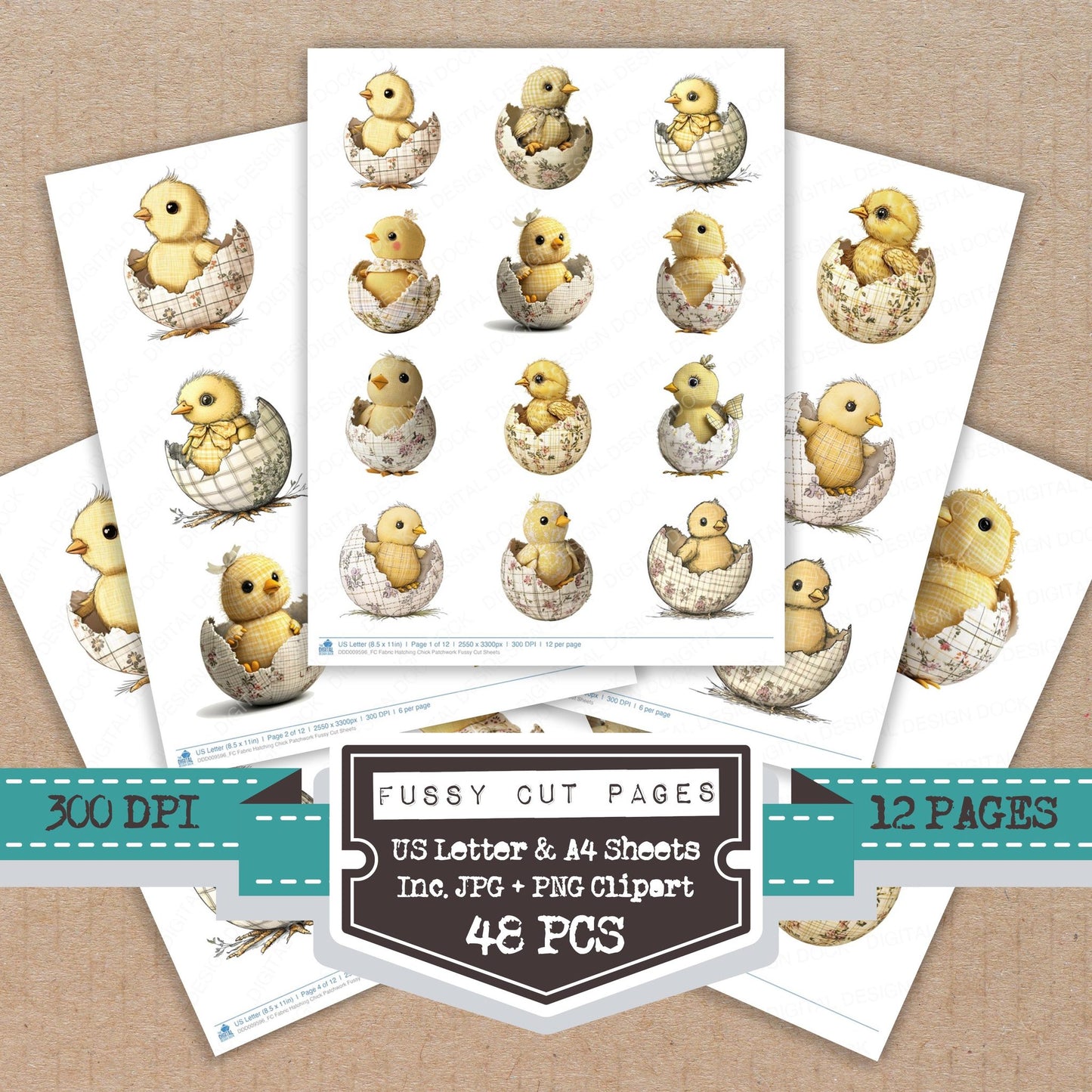 Fabric Hatching Chick Patchwork fussy cut printable sheets for junk journaling, scrapbooking, and paper craft projects