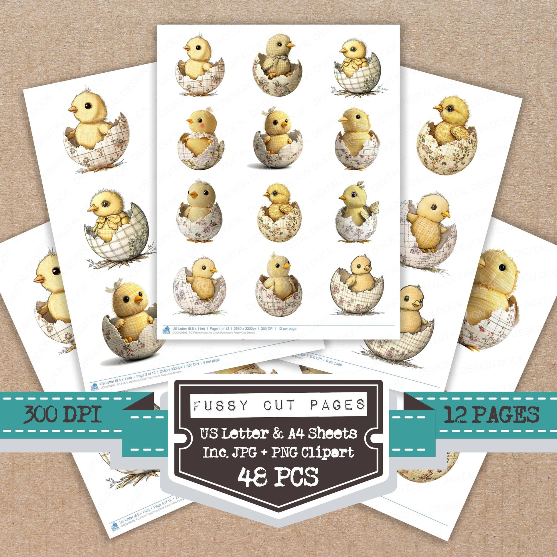 Fabric Hatching Chick Patchwork fussy cut printable sheets for junk journaling, scrapbooking, and paper craft projects