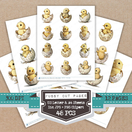 Fabric Hatching Chick Patchwork fussy cut printable sheets for junk journaling, scrapbooking, and paper craft projects