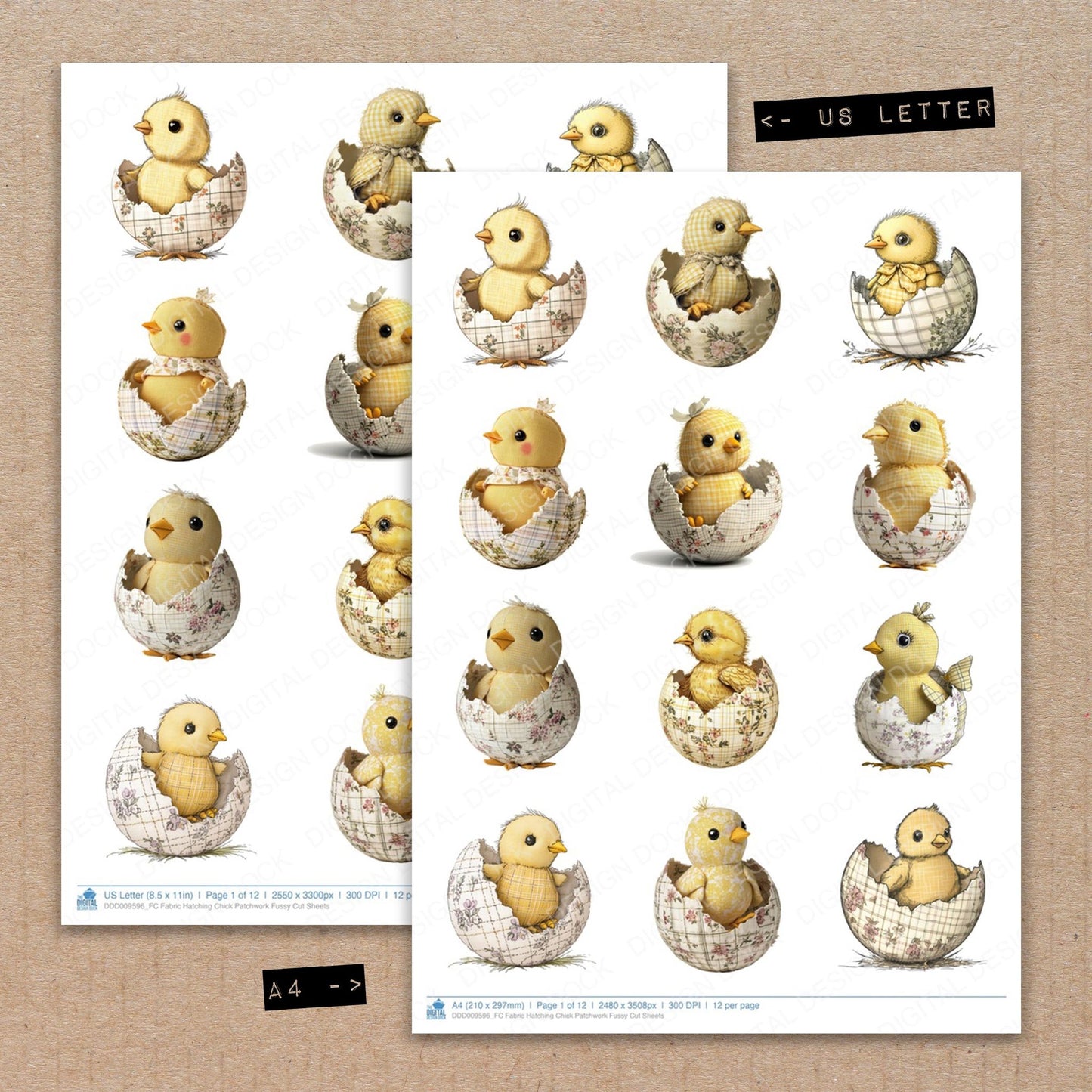 A4 and US Letter format comparison showing Fabric Hatching Chick Patchwork fussy cut pages for print and cut crafting
