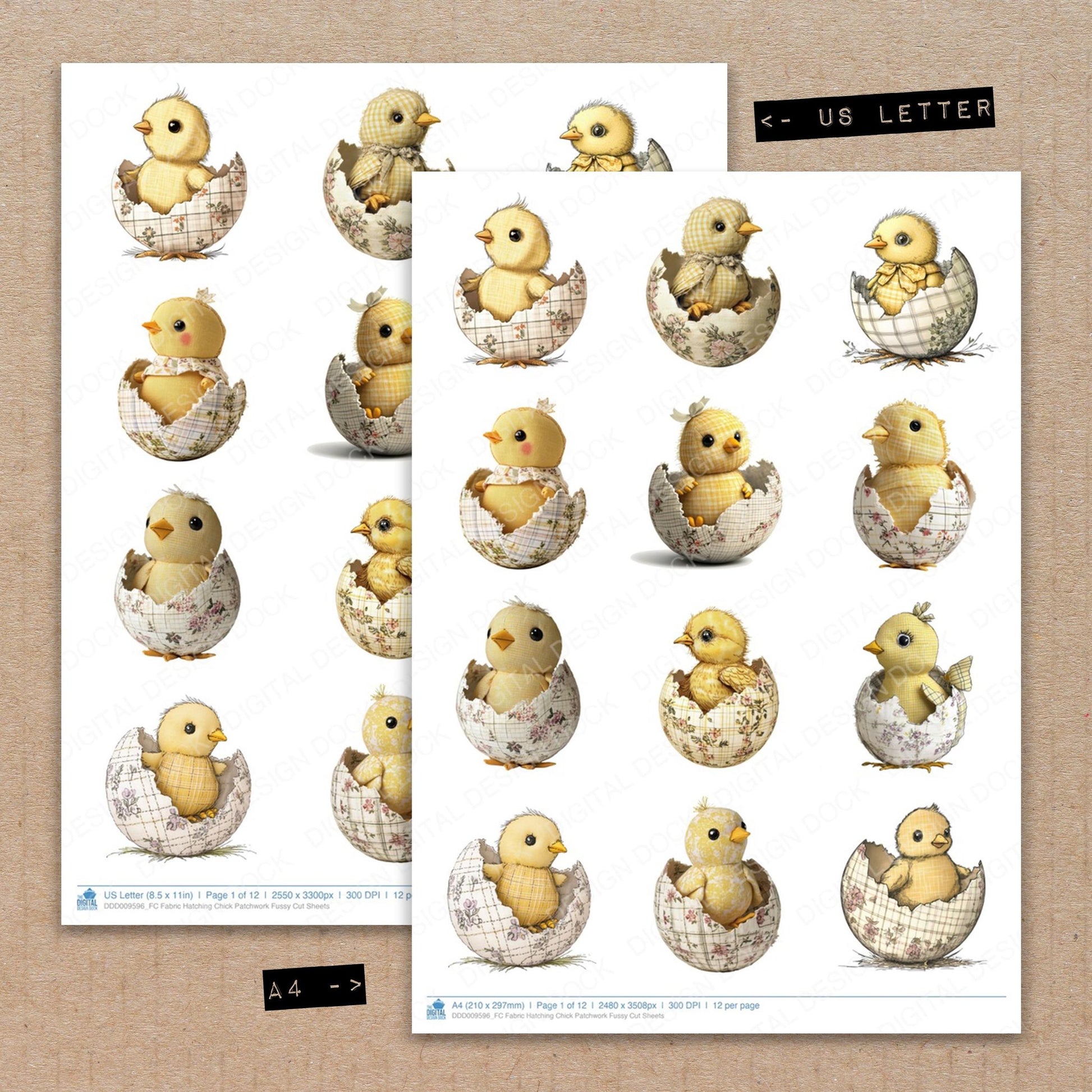 A4 and US Letter format comparison showing Fabric Hatching Chick Patchwork fussy cut pages for print and cut crafting