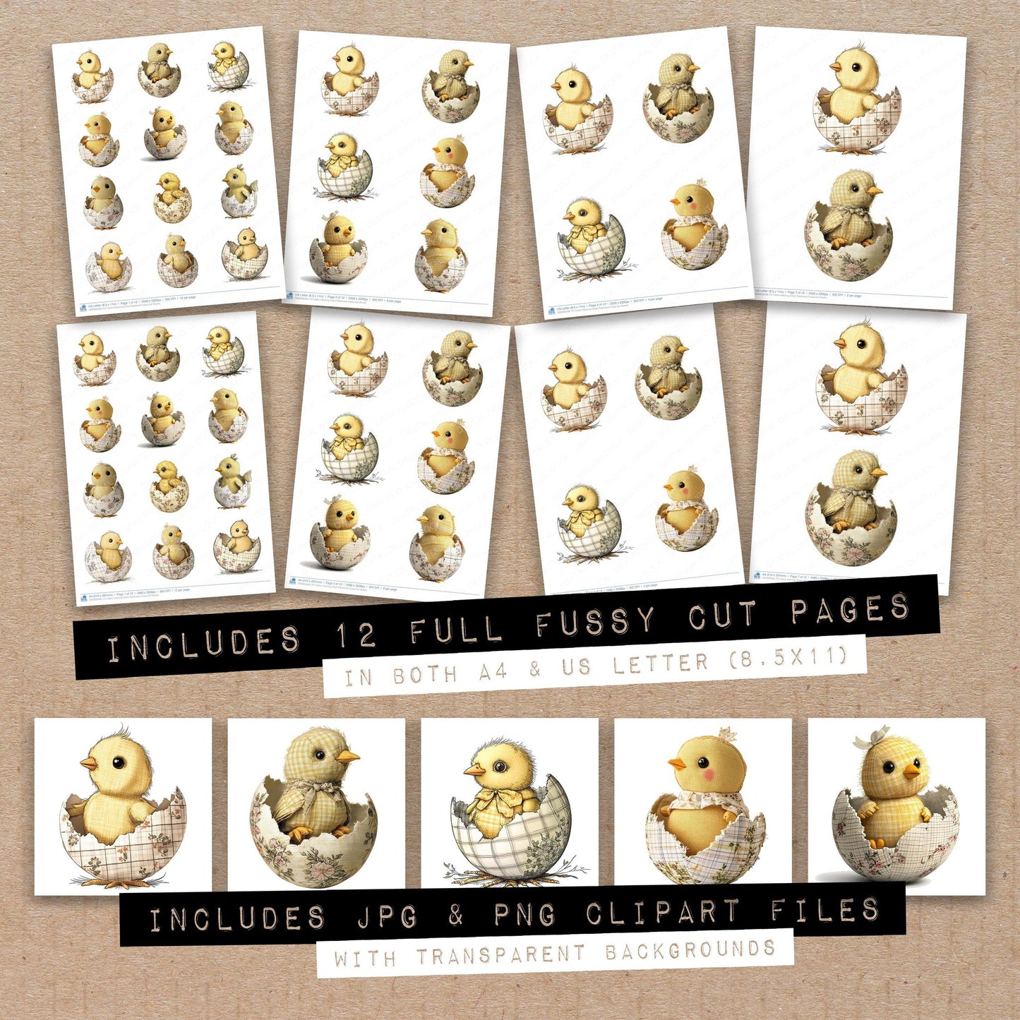 Full collection view of Fabric Hatching Chick Patchwork fussy cut sheets with bonus clipart JPG and PNG files