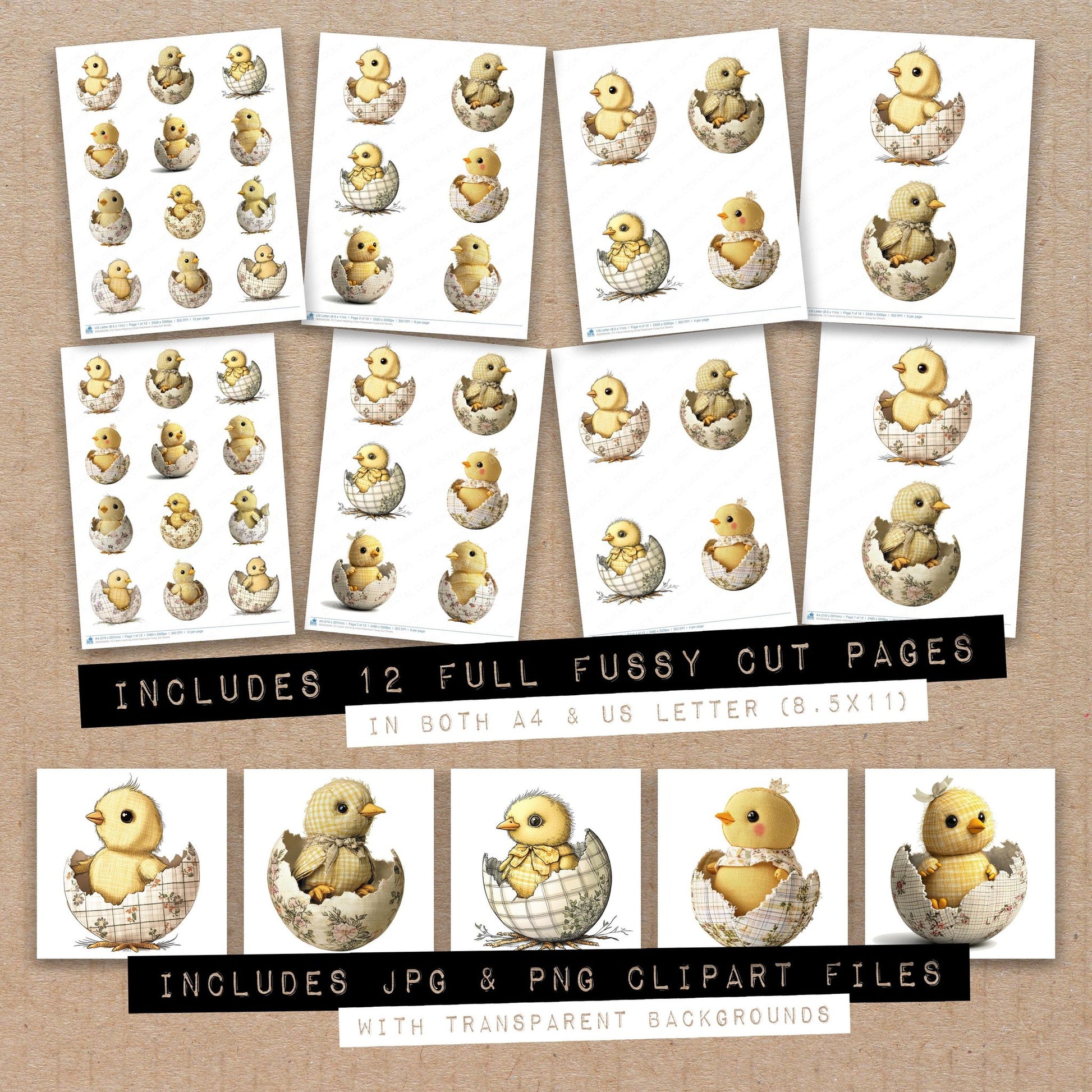 Full collection view of Fabric Hatching Chick Patchwork fussy cut sheets with bonus clipart JPG and PNG files