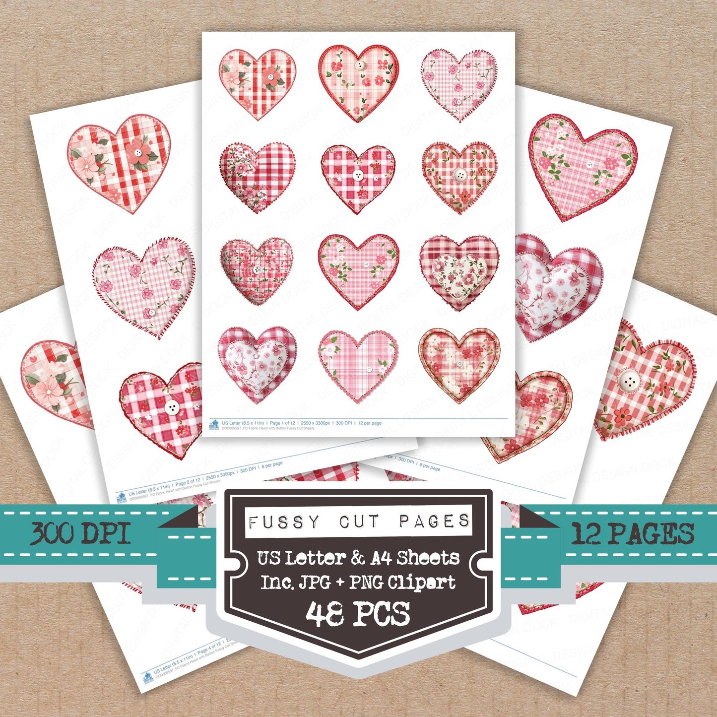 Fabric Heart with Button fussy cut printable sheets for junk journaling, scrapbooking, and paper craft projects