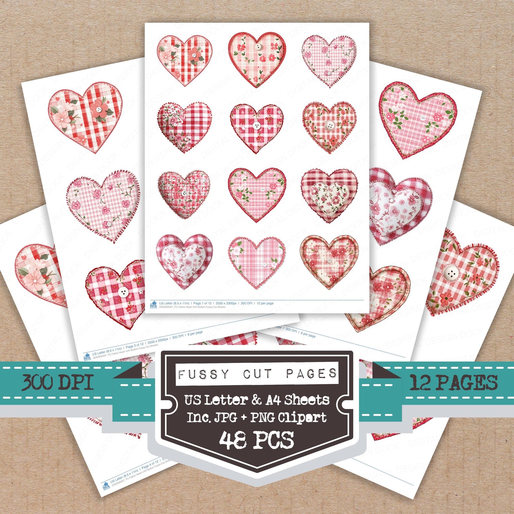 Fabric Heart with Button fussy cut printable sheets for junk journaling, scrapbooking, and paper craft projects