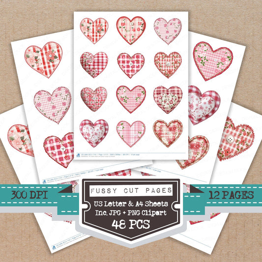 Fabric Heart with Button fussy cut printable sheets for junk journaling, scrapbooking, and paper craft projects