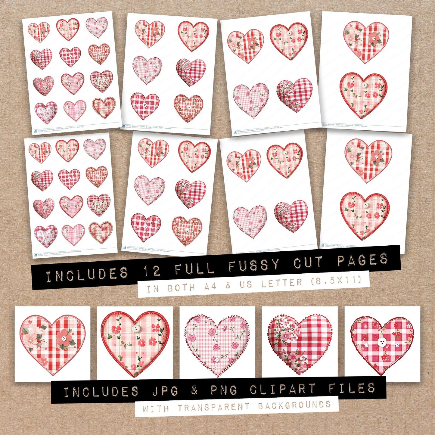 Full collection view of Fabric Heart with Button fussy cut sheets with bonus clipart JPG and PNG files