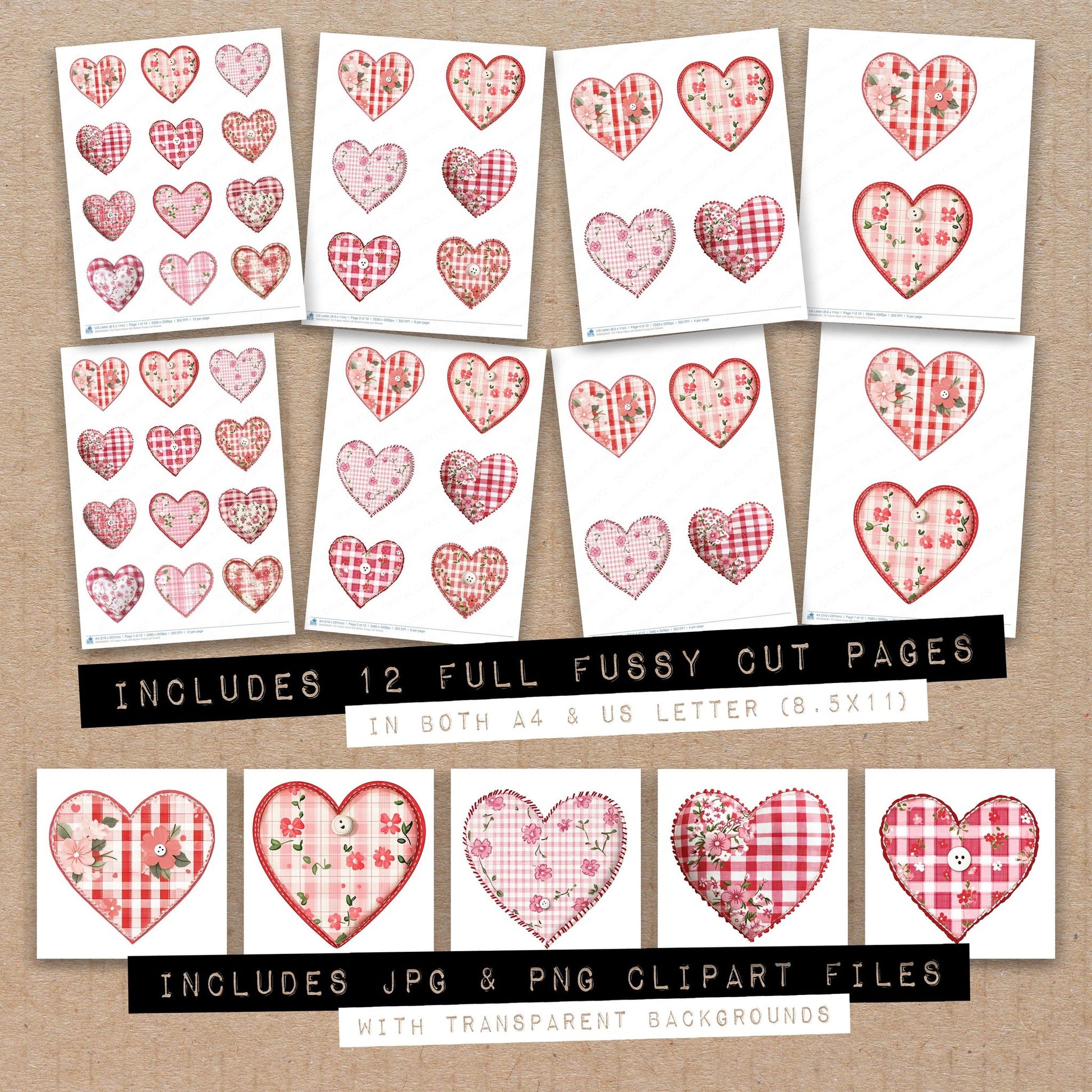 Full collection view of Fabric Heart with Button fussy cut sheets with bonus clipart JPG and PNG files