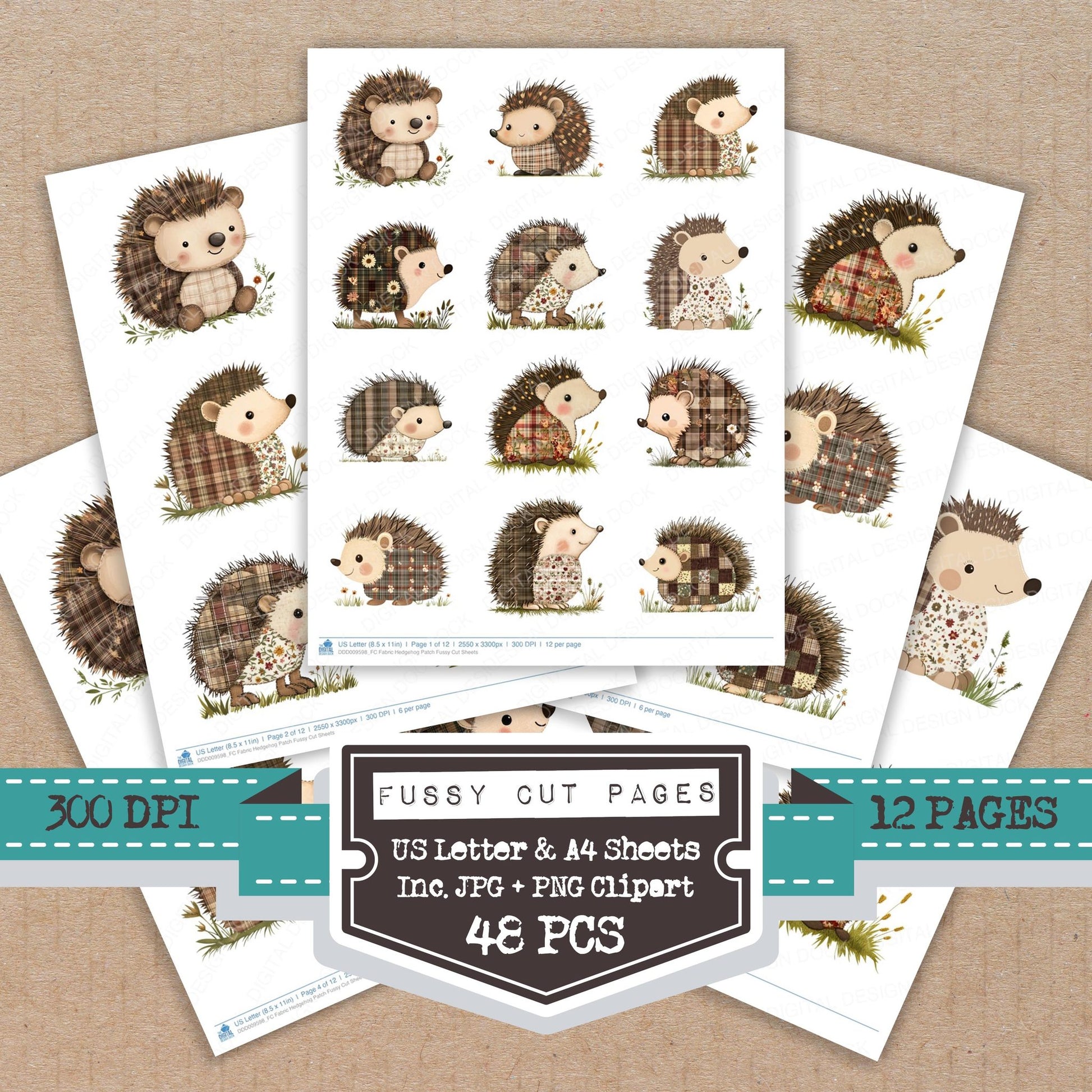 Fabric Hedgehog Patch fussy cut printable sheets for junk journaling, scrapbooking, and paper craft projects