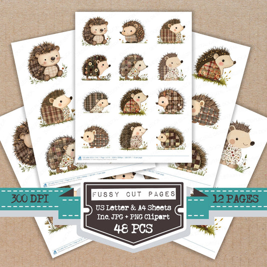 Fabric Hedgehog Patch fussy cut printable sheets for junk journaling, scrapbooking, and paper craft projects