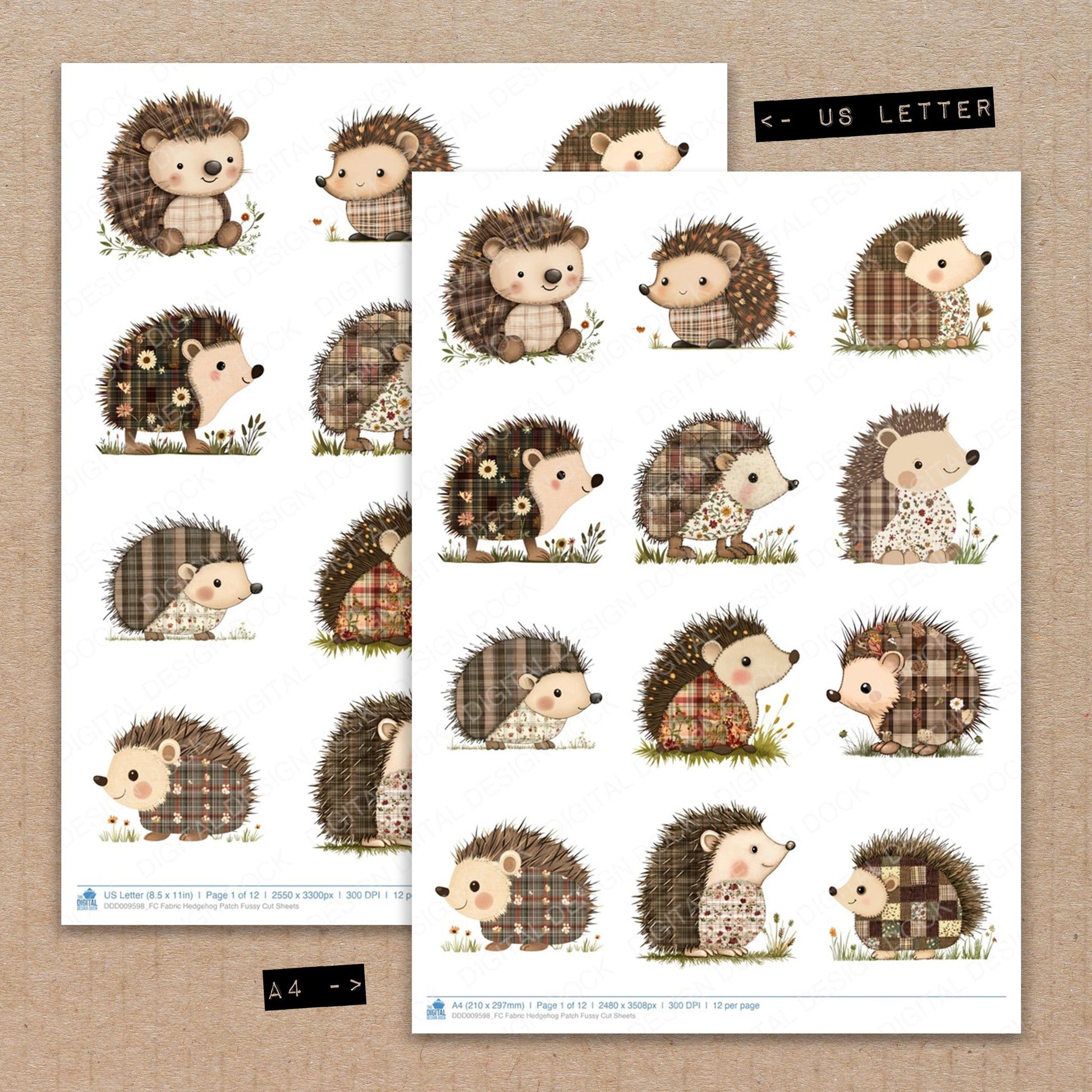 A4 and US Letter format comparison showing Fabric Hedgehog Patch fussy cut pages for print and cut crafting