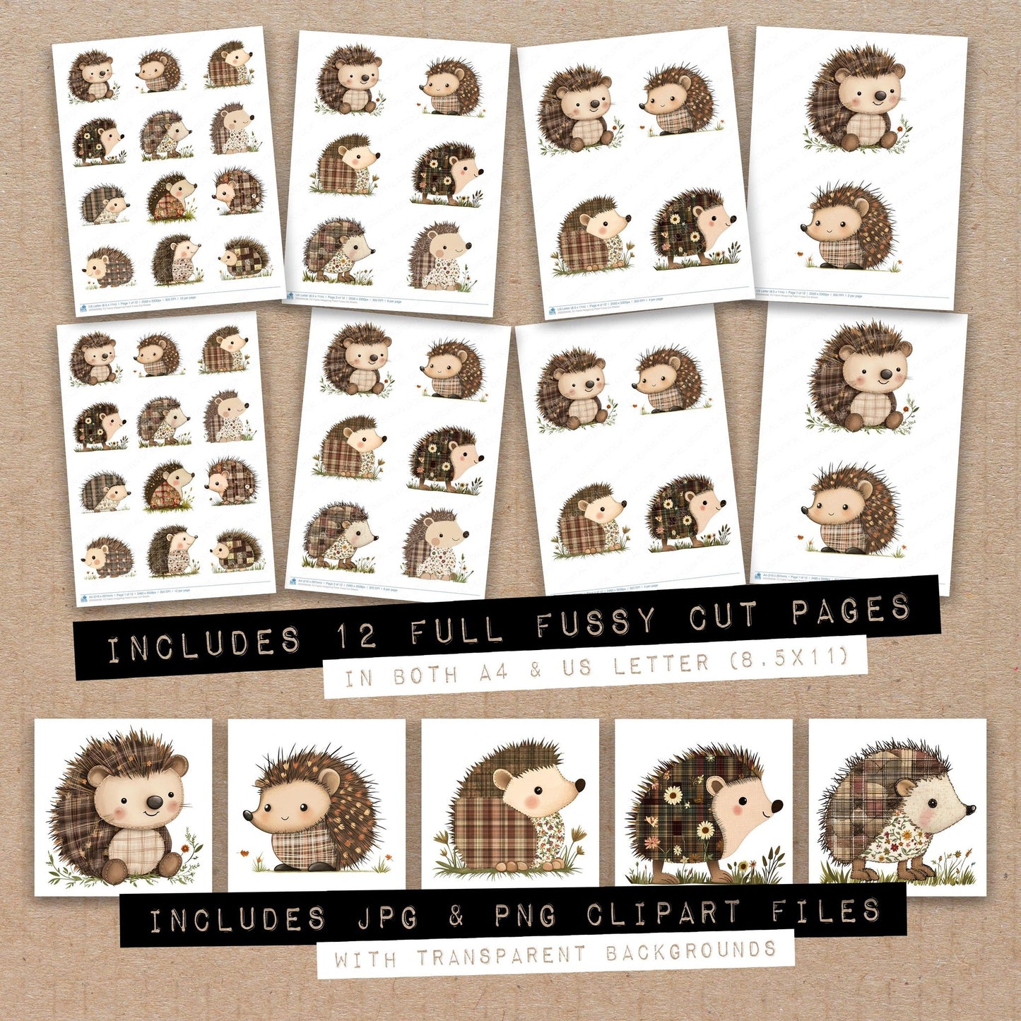 Full collection view of Fabric Hedgehog Patch fussy cut sheets with bonus clipart JPG and PNG files