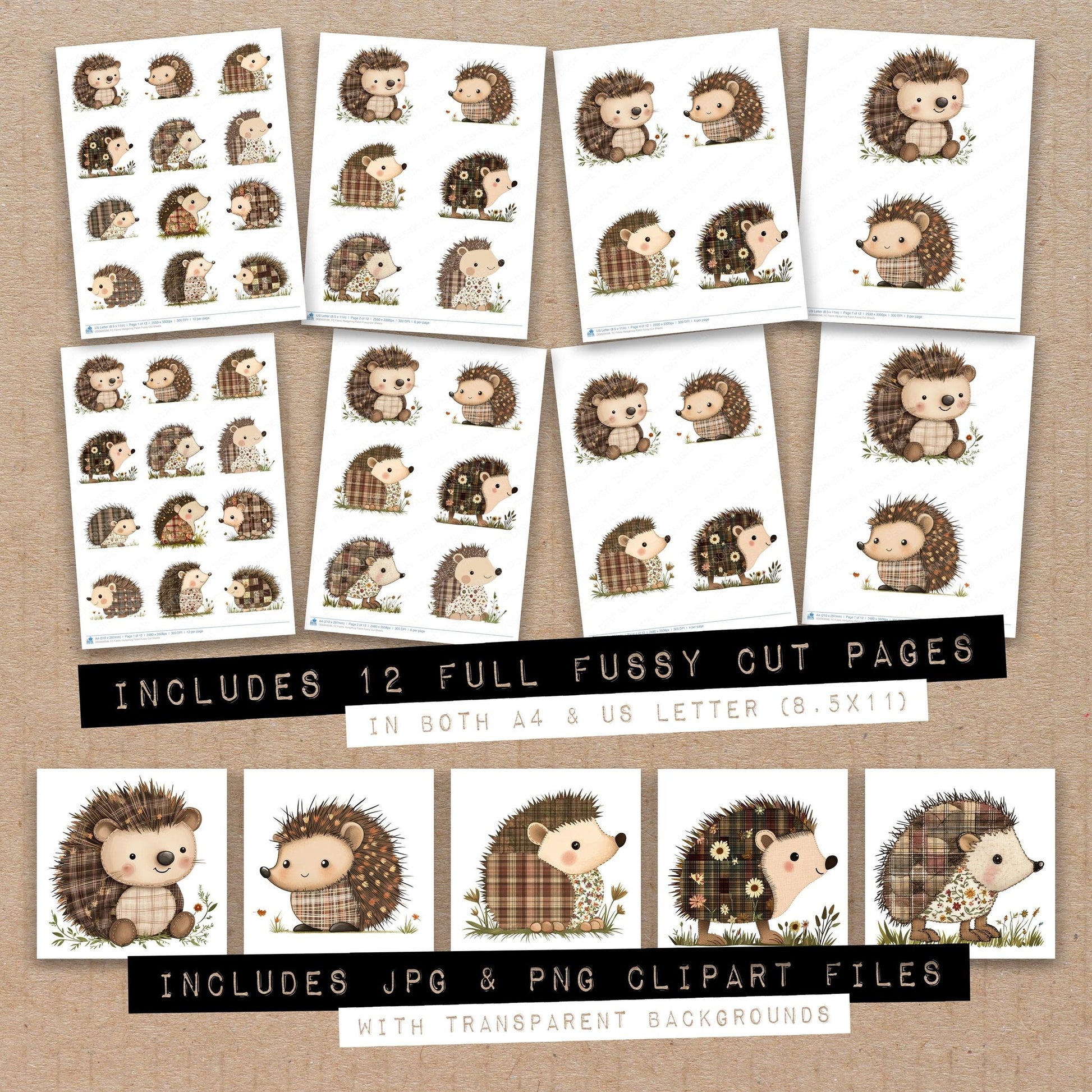 Full collection view of Fabric Hedgehog Patch fussy cut sheets with bonus clipart JPG and PNG files