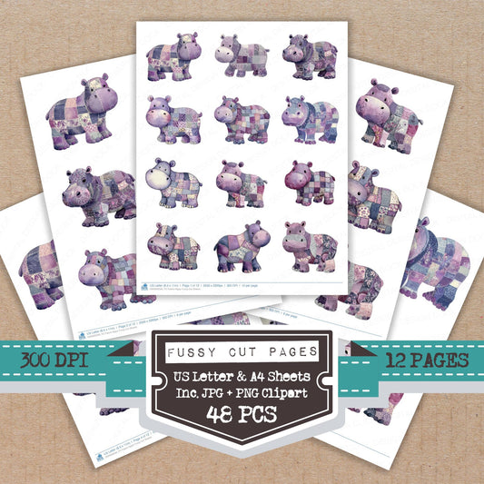 Fabric Hippo fussy cut printable sheets for junk journaling, scrapbooking, and paper craft projects