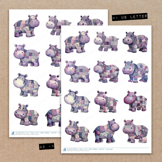 A4 and US Letter format comparison showing Fabric Hippo fussy cut pages for print and cut crafting