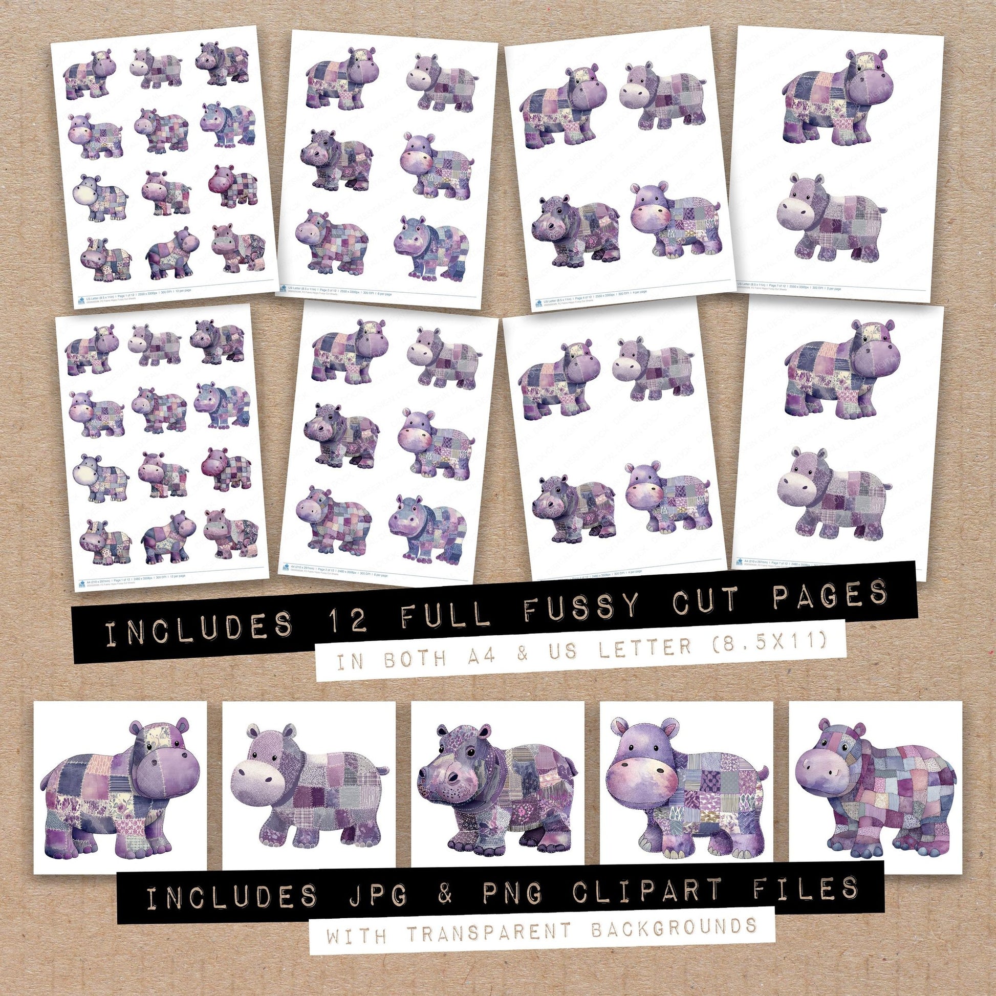 Full collection view of Fabric Hippo fussy cut sheets with bonus clipart JPG and PNG files