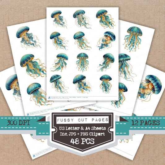 Fabric Jellyfish fussy cut printable sheets for junk journaling, scrapbooking, and paper craft projects