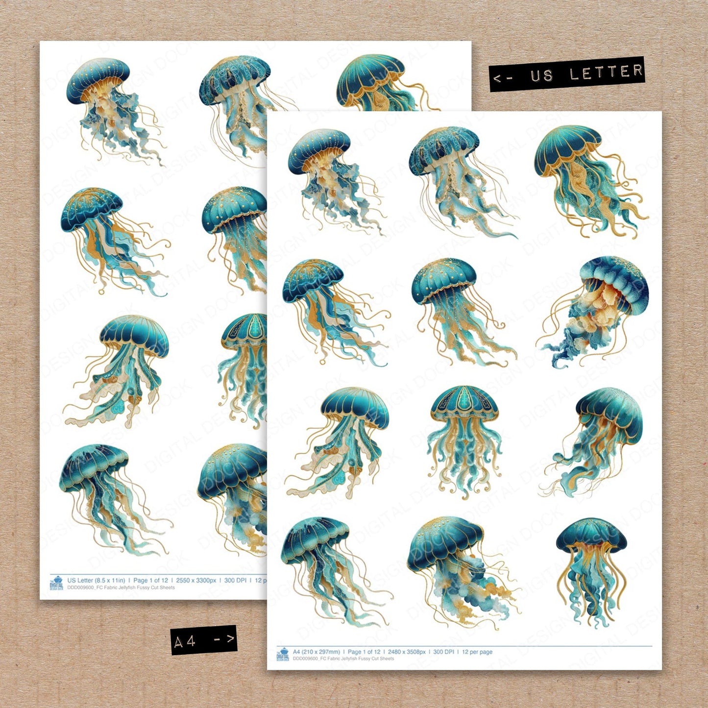 A4 and US Letter format comparison showing Fabric Jellyfish fussy cut pages for print and cut crafting