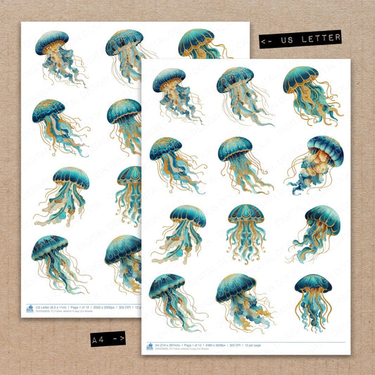 A4 and US Letter format comparison showing Fabric Jellyfish fussy cut pages for print and cut crafting