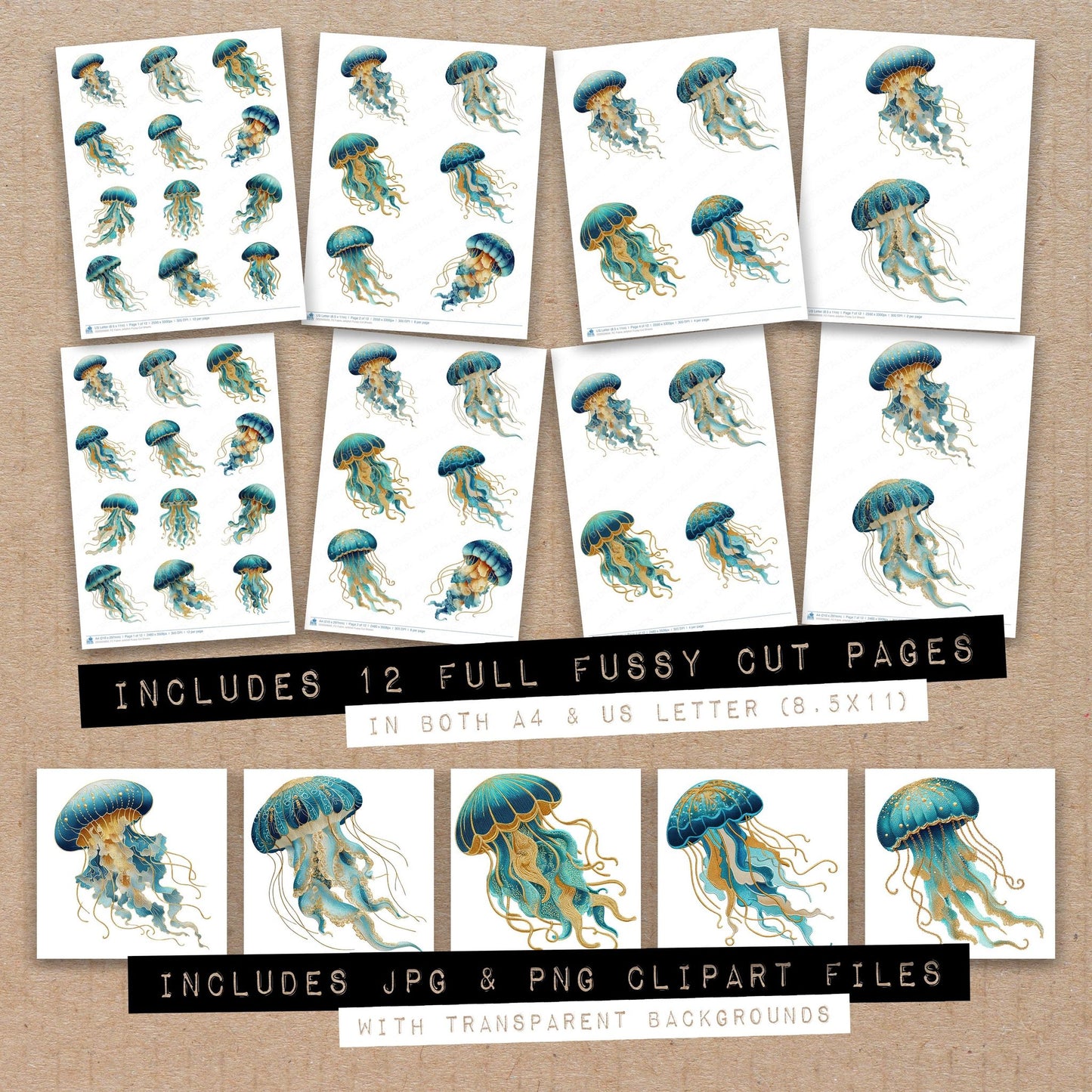 Full collection view of Fabric Jellyfish fussy cut sheets with bonus clipart JPG and PNG files