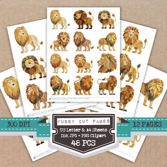 Fabric Lion fussy cut printable sheets for junk journaling, scrapbooking, and paper craft projects