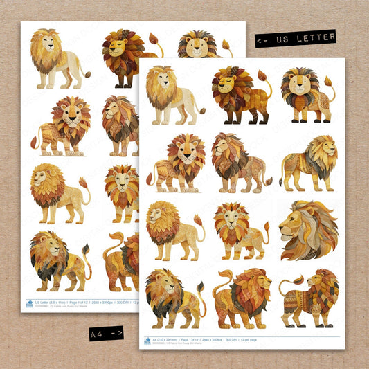 A4 and US Letter format comparison showing Fabric Lion fussy cut pages for print and cut crafting