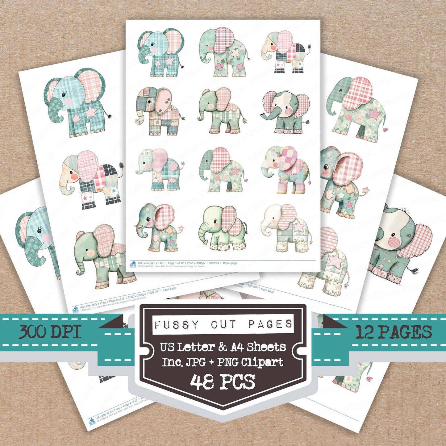 Fabric Mint Tartan Baby Elephant fussy cut printable sheets for junk journaling, scrapbooking, and paper craft projects