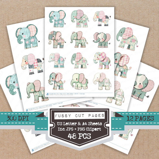 Fabric Mint Tartan Baby Elephant fussy cut printable sheets for junk journaling, scrapbooking, and paper craft projects