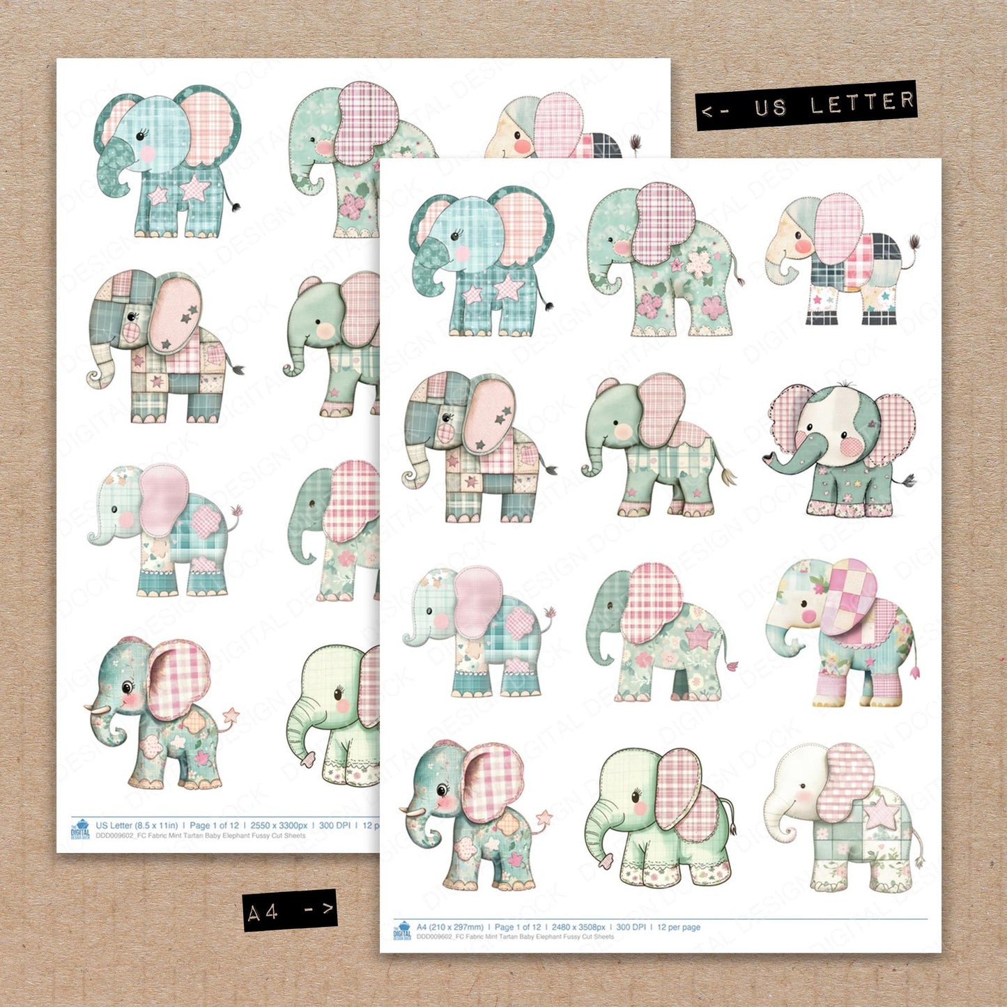 A4 and US Letter format comparison showing Fabric Mint Tartan Baby Elephant fussy cut pages for print and cut crafting
