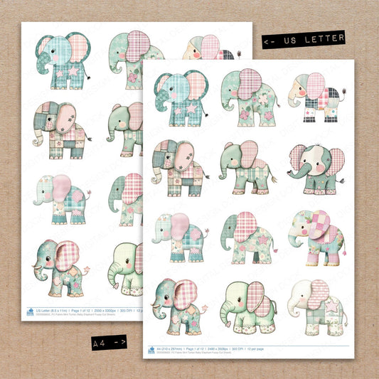 A4 and US Letter format comparison showing Fabric Mint Tartan Baby Elephant fussy cut pages for print and cut crafting
