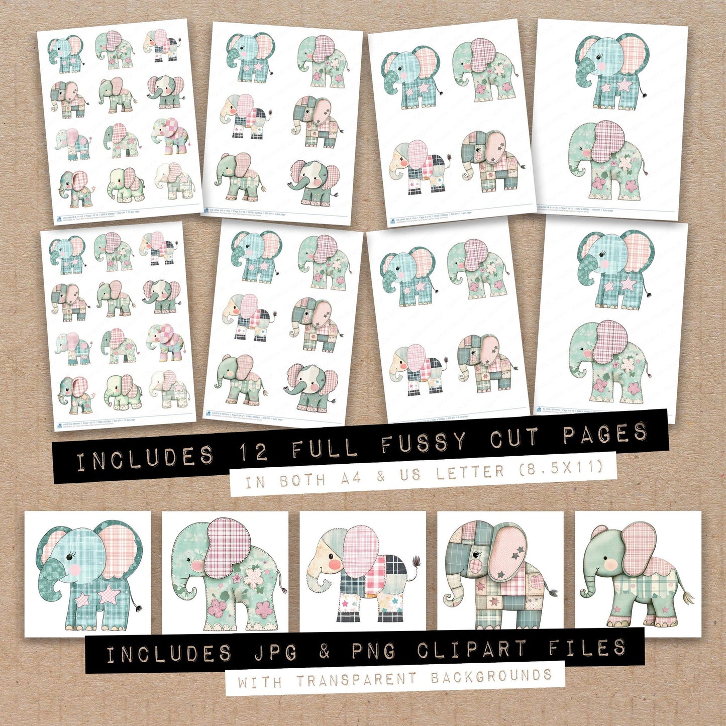 Full collection view of Fabric Mint Tartan Baby Elephant fussy cut sheets with bonus clipart JPG and PNG files