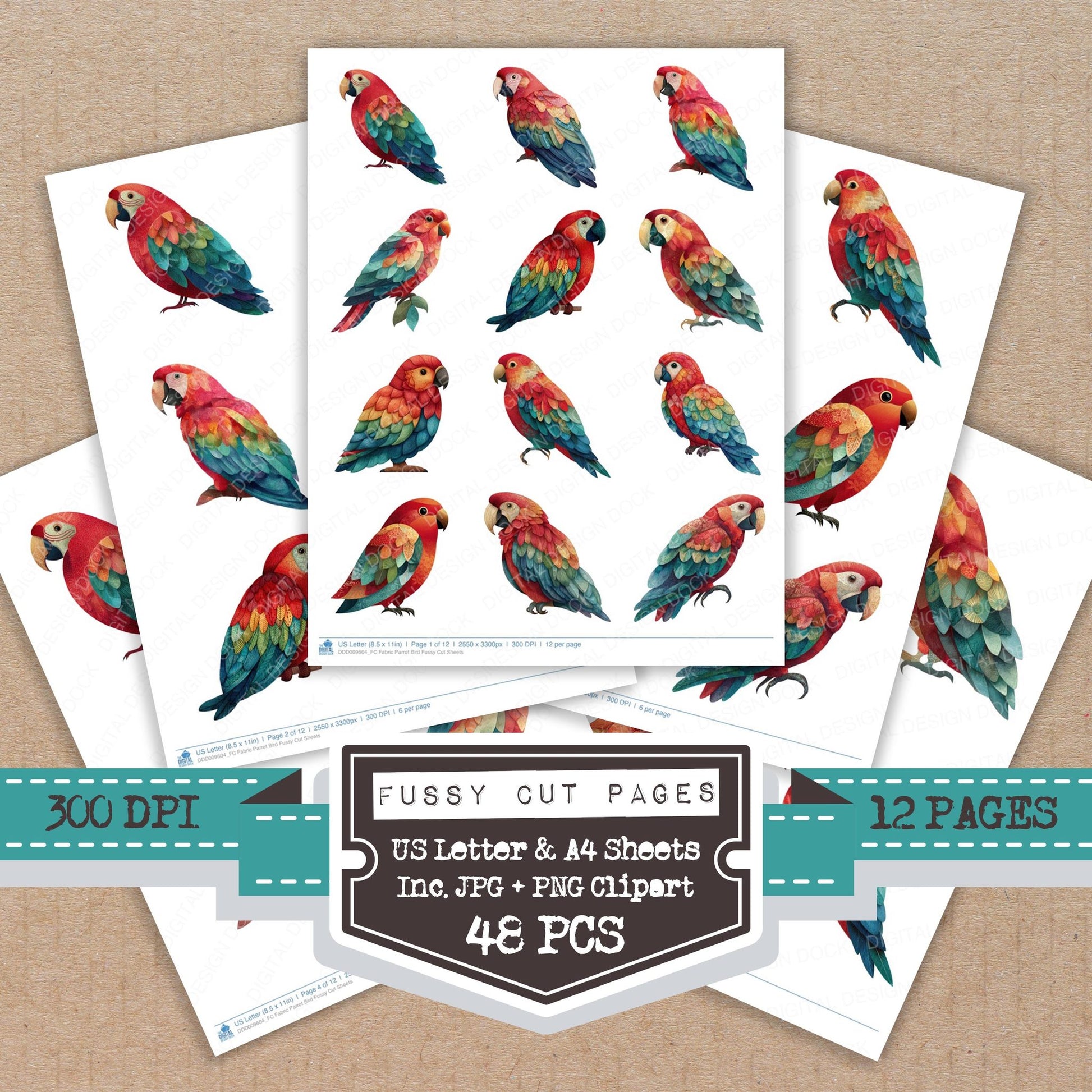Fabric Parrot Bird fussy cut printable sheets for junk journaling, scrapbooking, and paper craft projects