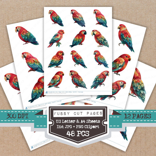 Fabric Parrot Bird fussy cut printable sheets for junk journaling, scrapbooking, and paper craft projects