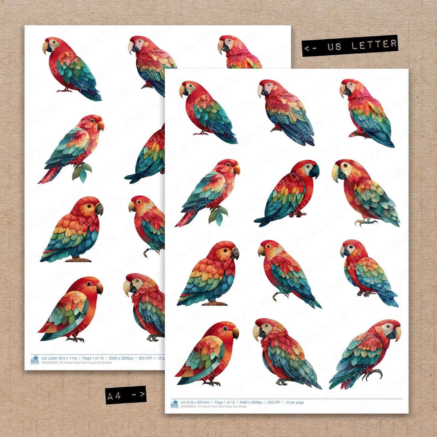 A4 and US Letter format comparison showing Fabric Parrot Bird fussy cut pages for print and cut crafting