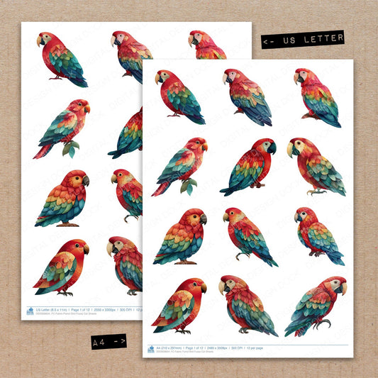 A4 and US Letter format comparison showing Fabric Parrot Bird fussy cut pages for print and cut crafting