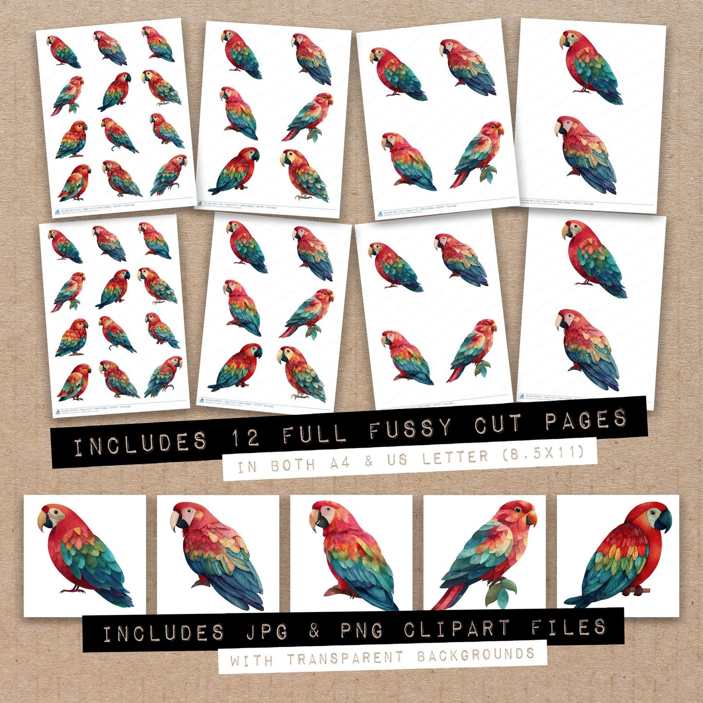 Full collection view of Fabric Parrot Bird fussy cut sheets with bonus clipart JPG and PNG files