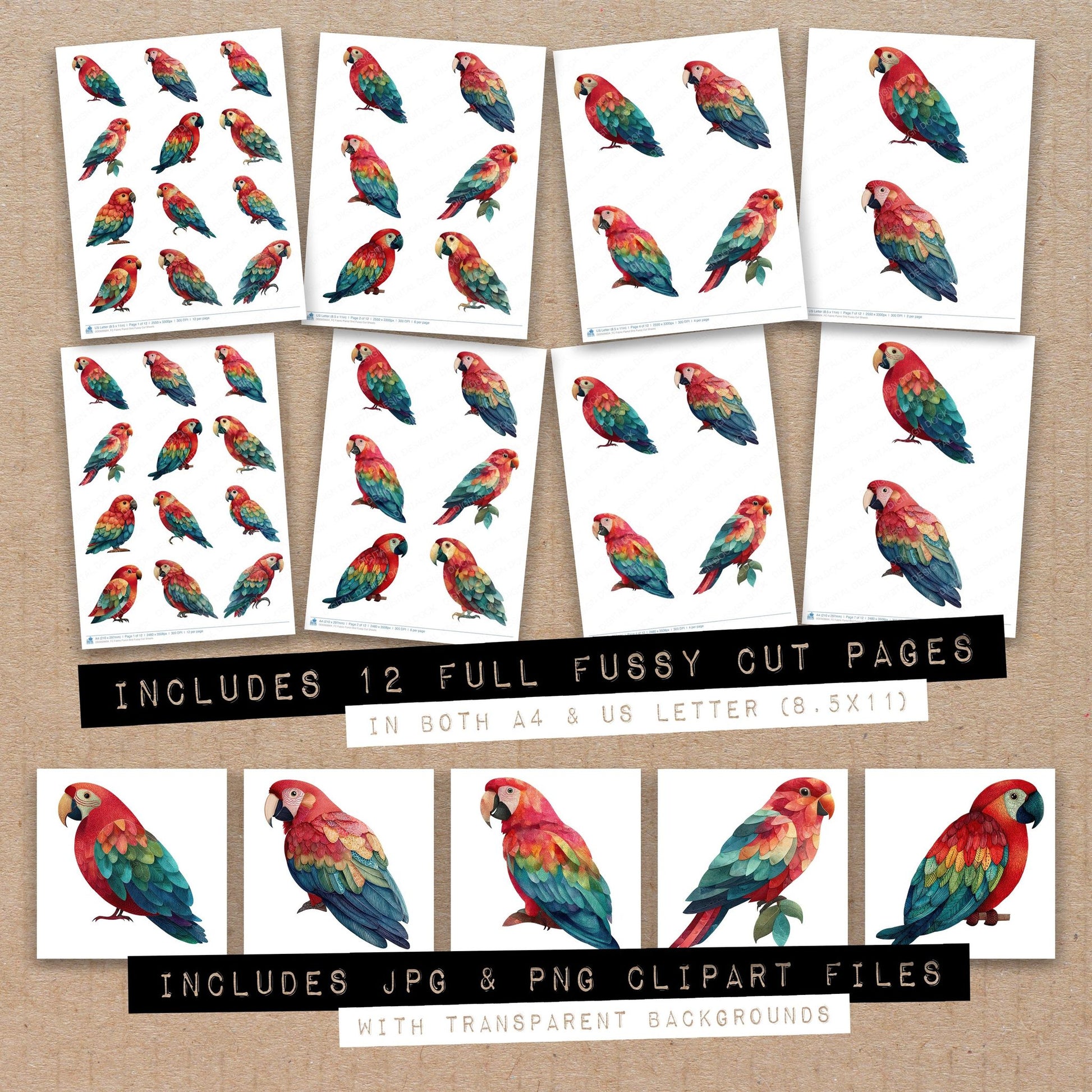 Full collection view of Fabric Parrot Bird fussy cut sheets with bonus clipart JPG and PNG files