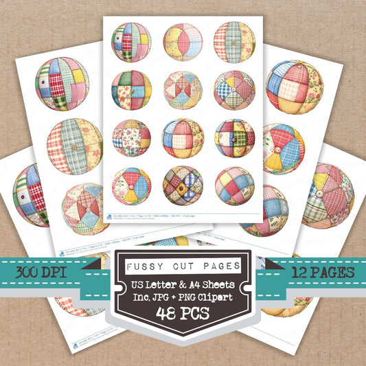 Fabric Patch Ball fussy cut printable sheets for junk journaling, scrapbooking, and paper craft projects