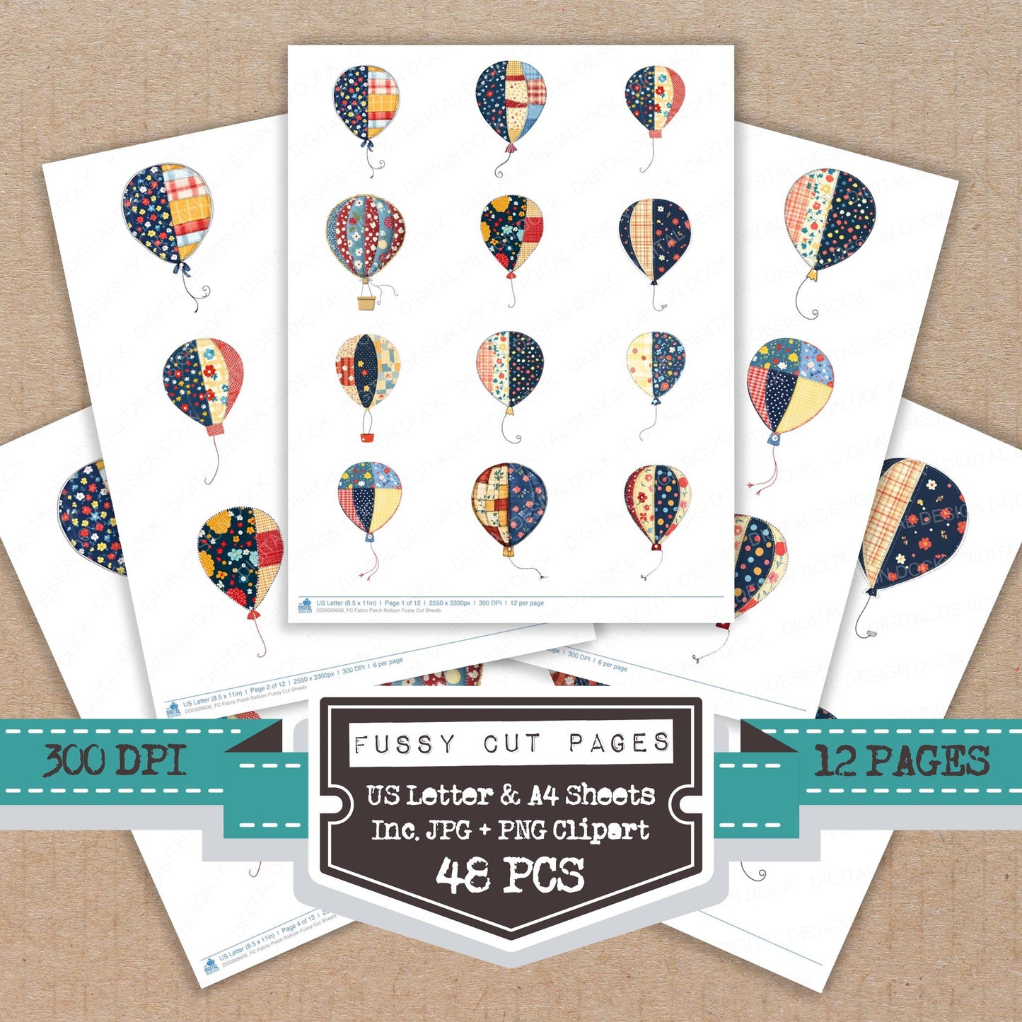 Fabric Patch Balloon fussy cut printable sheets for junk journaling, scrapbooking, and paper craft projects