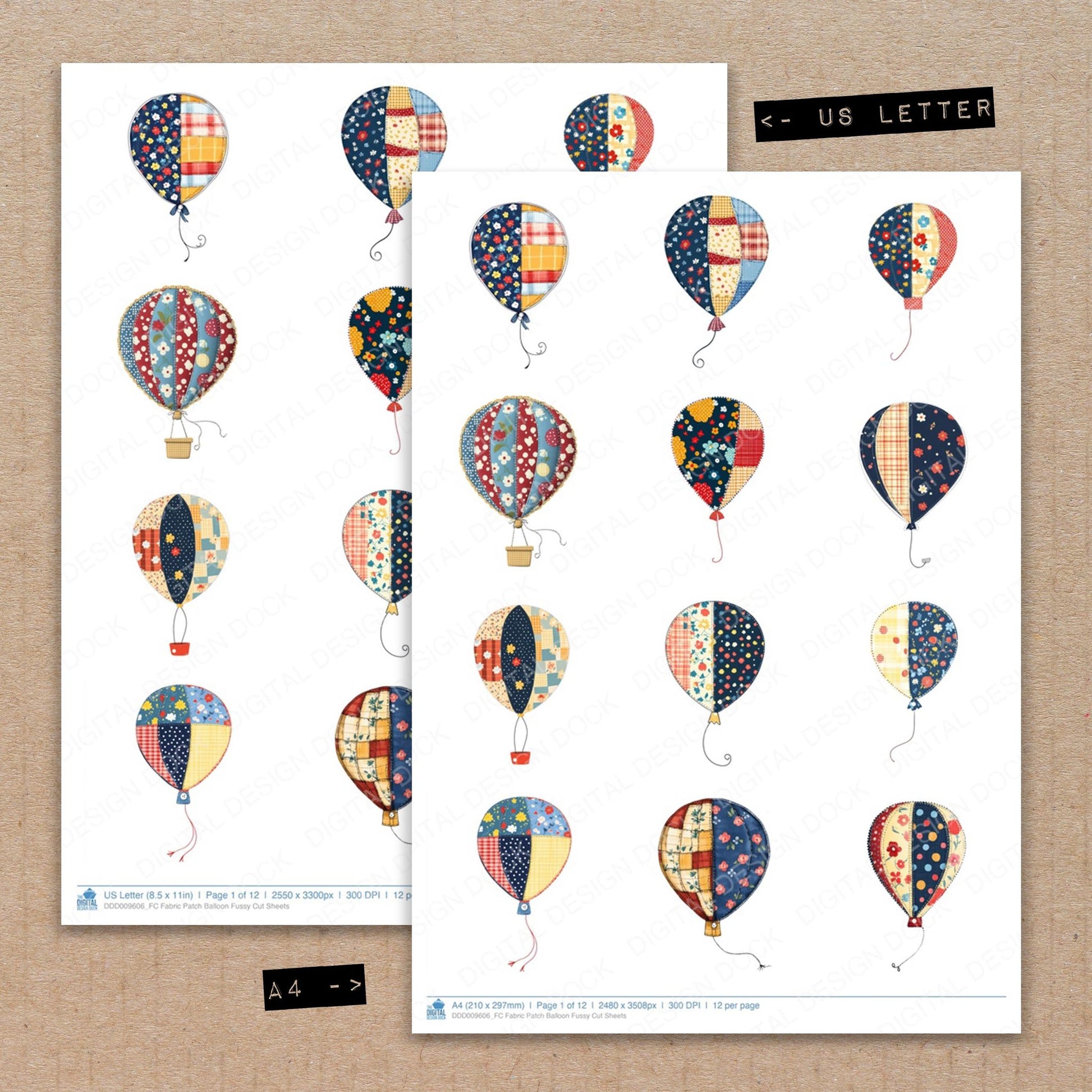 A4 and US Letter format comparison showing Fabric Patch Balloon fussy cut pages for print and cut crafting