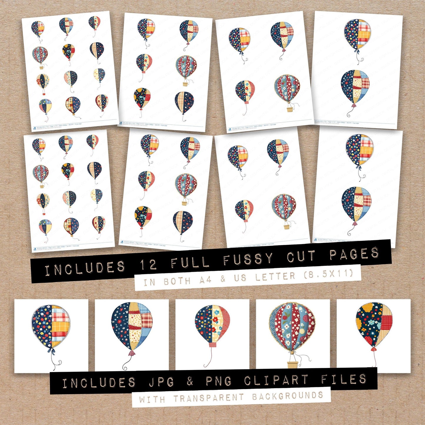 Full collection view of Fabric Patch Balloon fussy cut sheets with bonus clipart JPG and PNG files