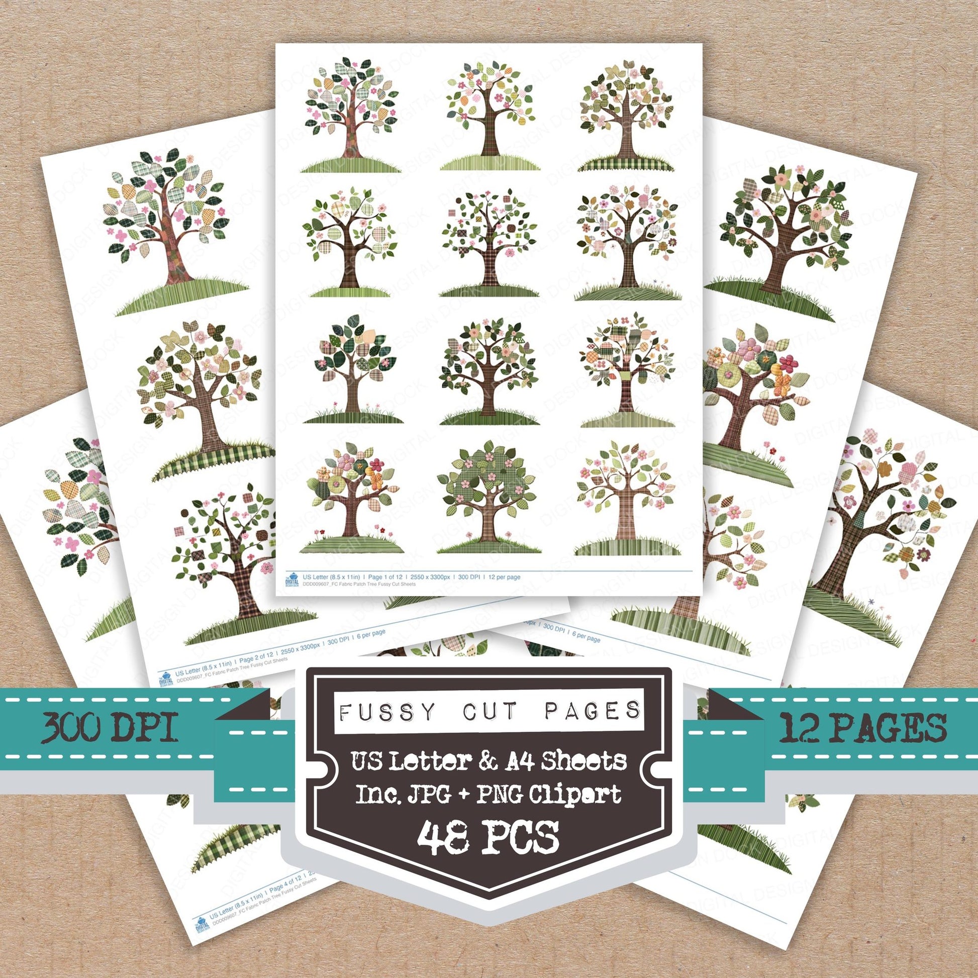 Fabric Patch Tree fussy cut printable sheets for junk journaling, scrapbooking, and paper craft projects