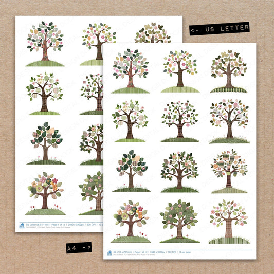 A4 and US Letter format comparison showing Fabric Patch Tree fussy cut pages for print and cut crafting