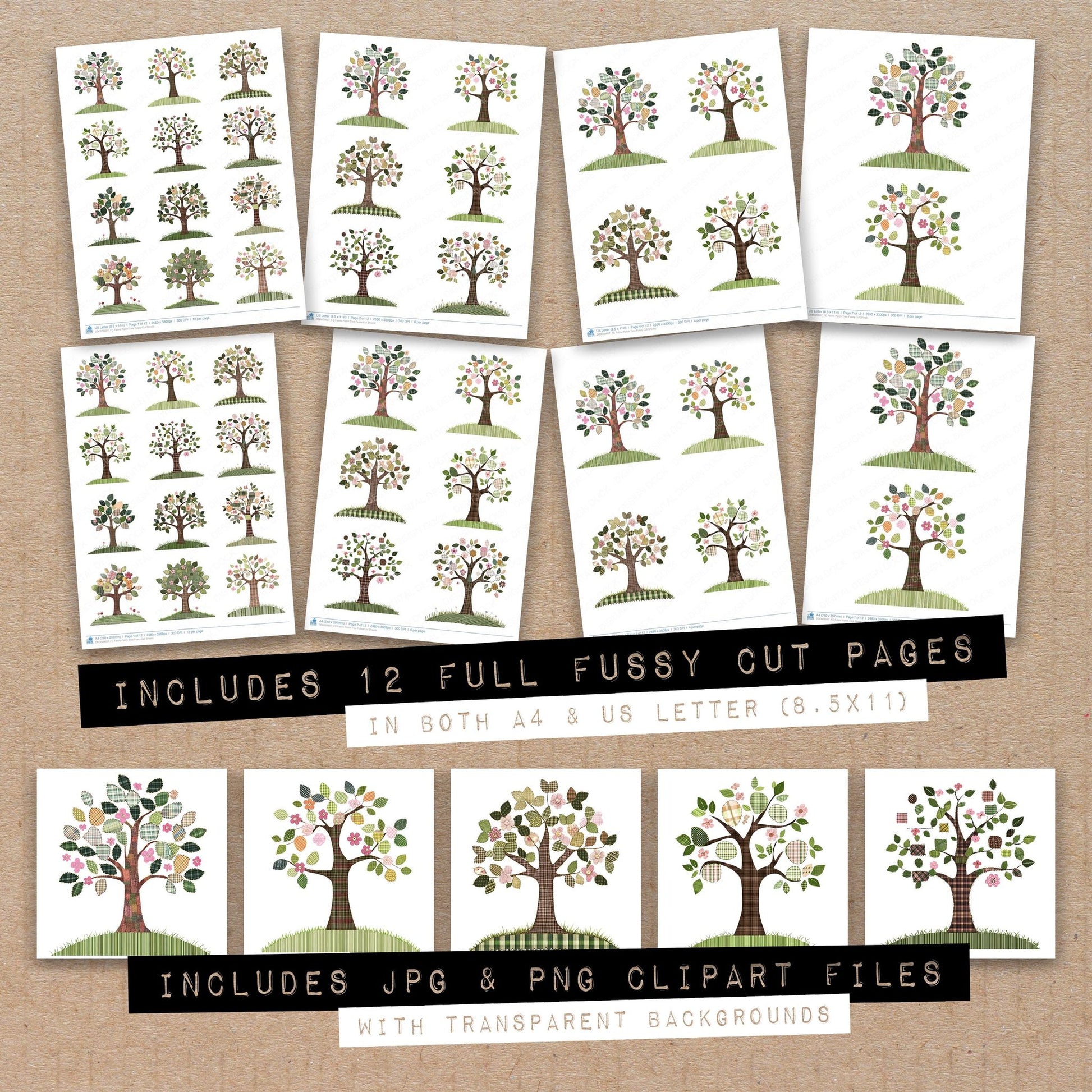Full collection view of Fabric Patch Tree fussy cut sheets with bonus clipart JPG and PNG files