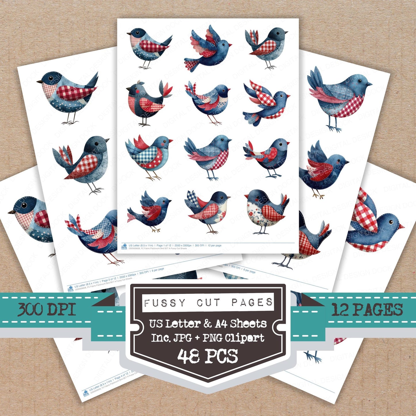 Fabric Patchwork Bird A fussy cut printable sheets for junk journaling, scrapbooking, and paper craft projects