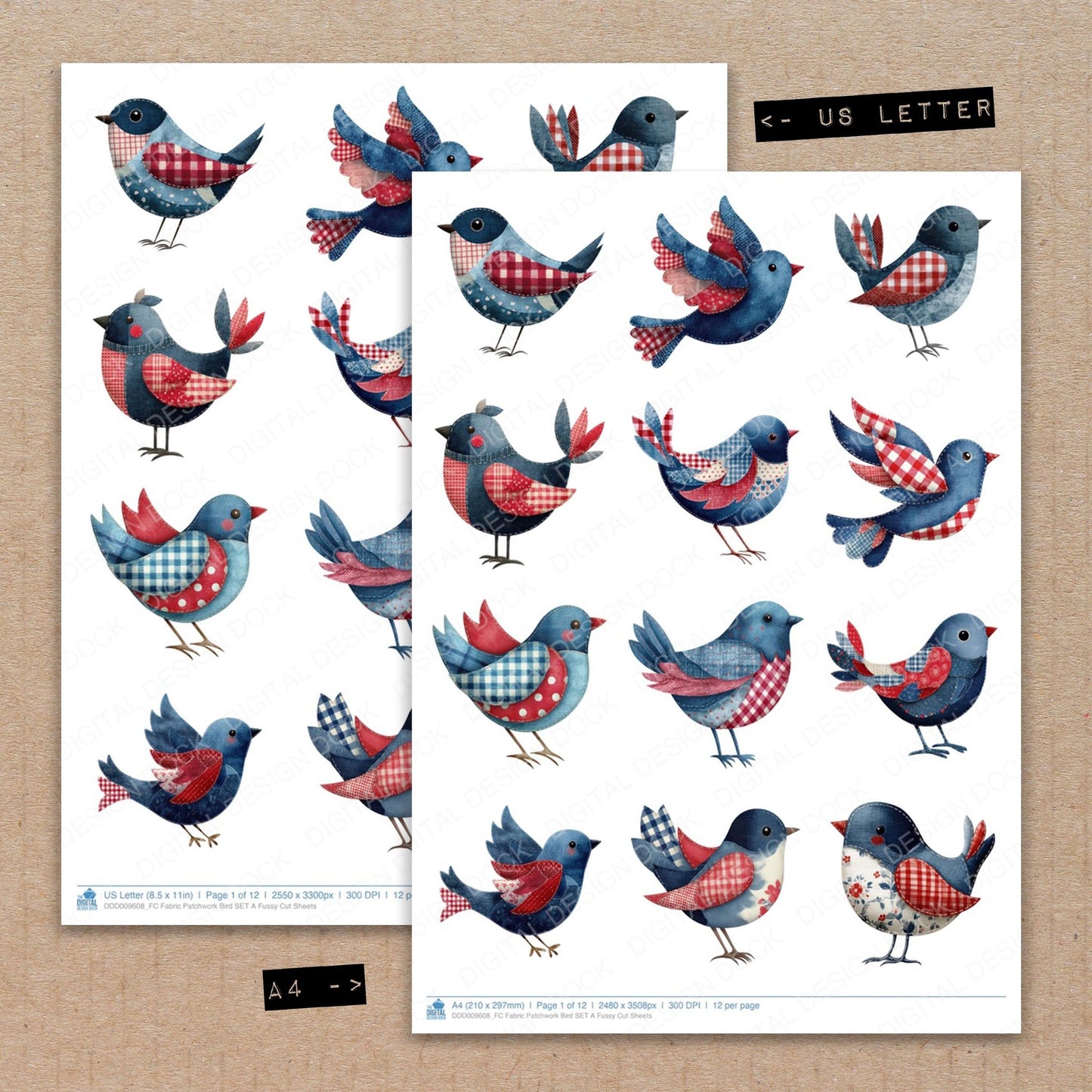 A4 and US Letter format comparison showing Fabric Patchwork Bird A fussy cut pages for print and cut crafting