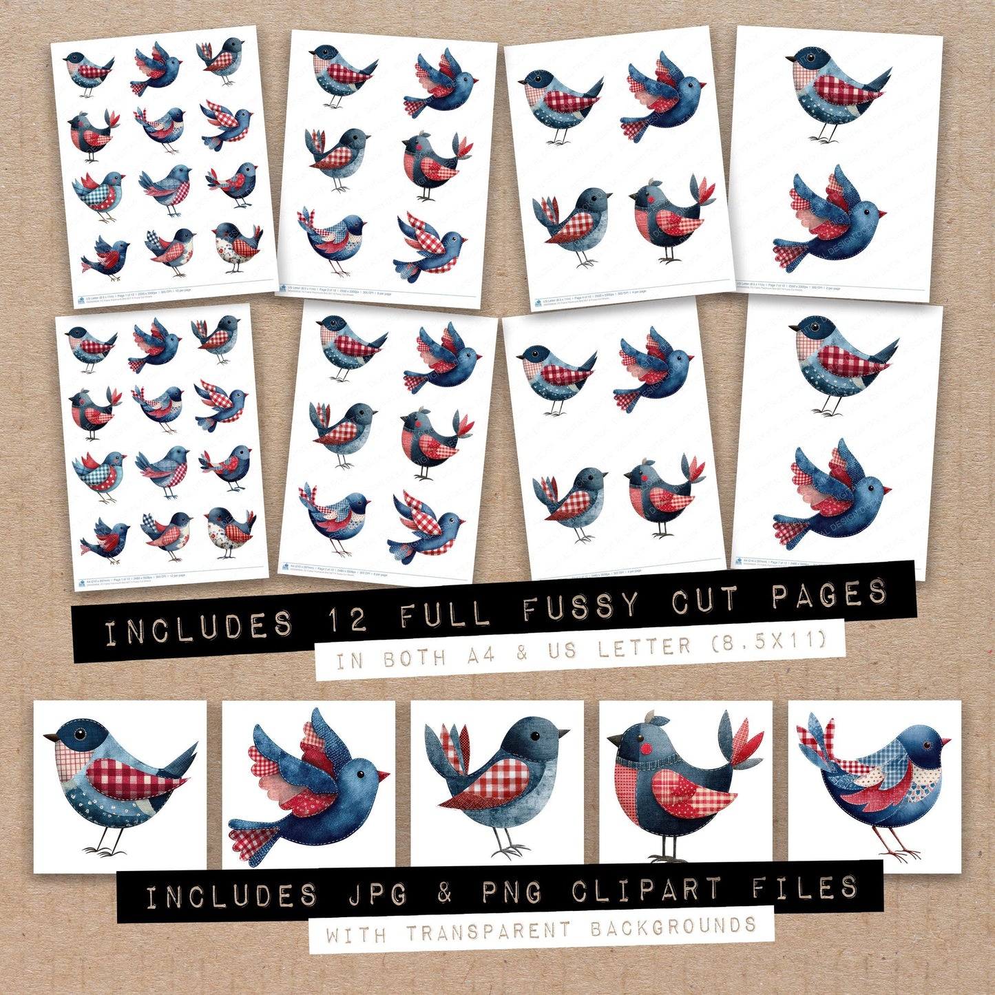 Full collection view of Fabric Patchwork Bird A fussy cut sheets with bonus clipart JPG and PNG files