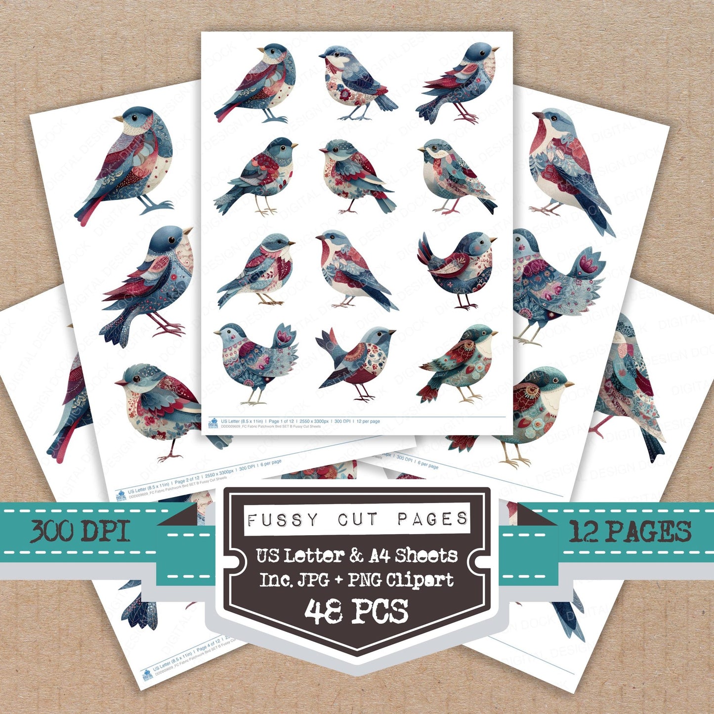 Fabric Patchwork Bird B fussy cut printable sheets for junk journaling, scrapbooking, and paper craft projects